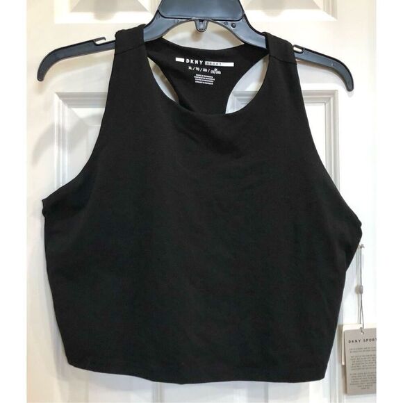 DKNY SPORT - MWT - L Sz XL Racerback Metallic Logo Cropped Tee in Black - Picture 10 of 15